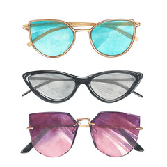 Set pink, mint black sunglasses isolated on white background. Watercolor hand drawn illustration. Art for fashion design