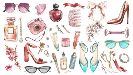 Beauty set with sunglasses, perfume, jewelry, shoes. isolated on white. Watercolor handrawn illustration. Art for design - 598888957