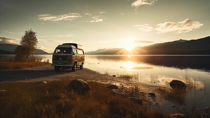 Fototapeta na wymiar Modern Camper van at sunset on lake. Generative Ai