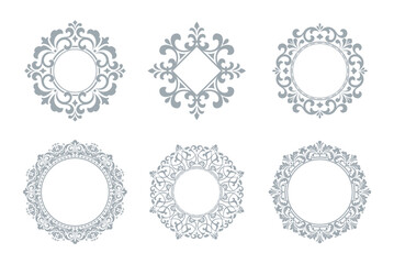 Set of decorative frames Elegant vector element for design in Eastern style, place for text. Floral gray and white borders. Lace illustration for invitations and greeting cards