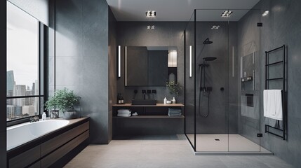 Interior of a luxury bathroom with a shower stall. Generative AI