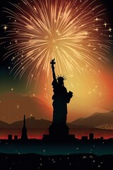 Fototapeta premium July 4 Fireworks with the Statue of Liberty vector art Generative AI