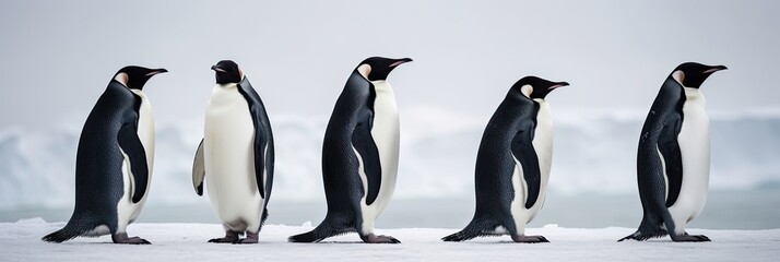 length penguin are standing standing on snow backround Generative AI