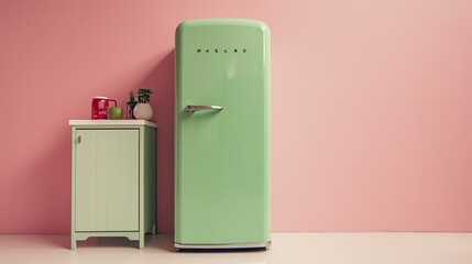 Green Retro fridge on pink background pastel colors Generative AI