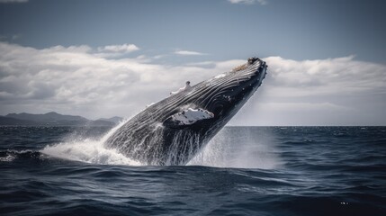 Jumping humpback whale over water. Generative AI