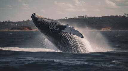 Fototapeta premium Jumping humpback whale over water. Generative AI