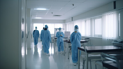 Medical staff passing through hospital wards. Generative AI