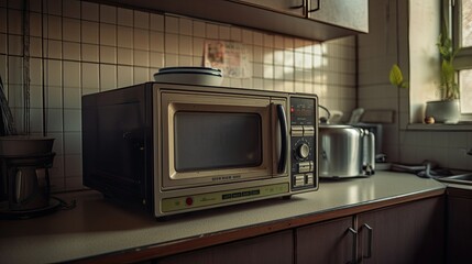 Microwave oven on kitchen, 80s interior Generative AI