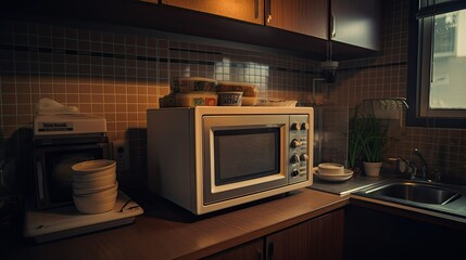 Microwave oven on kitchen, 80s interior Generative AI