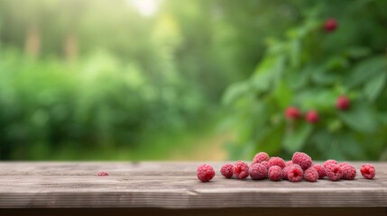 Mock Up Scene, rustic wooden table blurred background and raspberry on the table Generative AI
