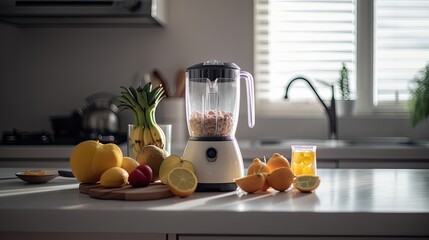 Modern blender with fresh fruits and cutting board on light kitchen Generative AI