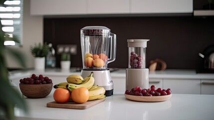 Modern blender with fresh fruits and cutting board on light kitchen Generative AI