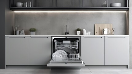 Modern dishwasher on grey kitchen