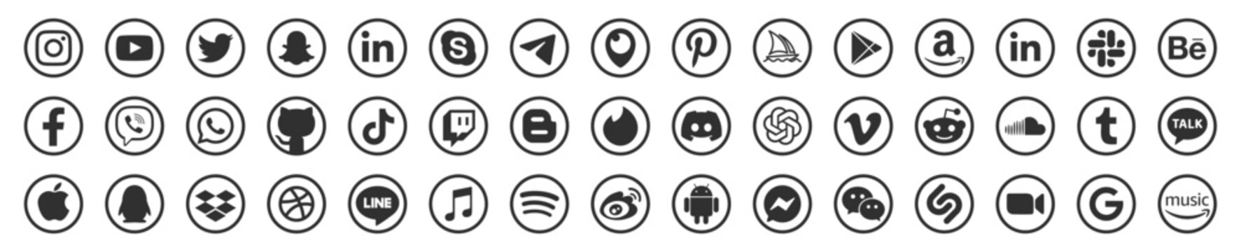 Set of Social media icon:Facebook,Instagram, Snapchat, Twitter, Youtube,Whatsapp, Telegram,linkedin,dribbble,Viber, Pinterest, Skype, Tumblr, Twitter, Messenger,Twitch,Discord,Tinder,Apple,Wechat