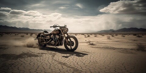 AI Generated. AI Generative. Old vintage retro brutal motor bike in desert road. Adventure explore travel vibe. Graphic Art