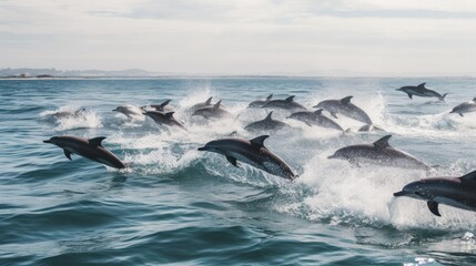 Several dolphins jumping out of the water and diving Generative AI