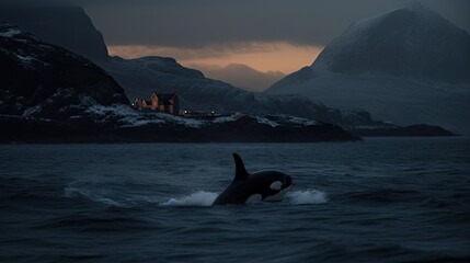 Fototapeta premium orcas or killer whales in Kvnangen fjord Generative AI