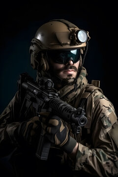Army soldier in Combat Uniforms with assault rifle, plate carrier and combat helmet are on. isolated on black background