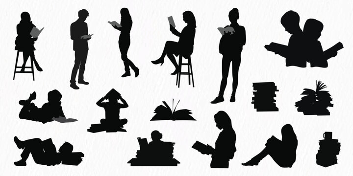 Silhouettes of people reading books standing, sitting and lying vector illustration