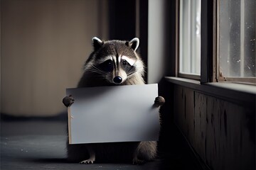 racoon with a empty blank sign in paws Generative AI