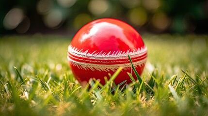 Red Ball for Cricket on green grass Generative AI