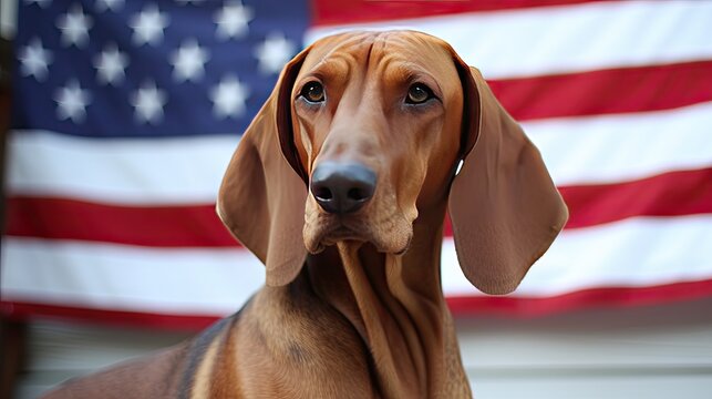 Redbone Coonhound in front of USA flag independence day Generative AI