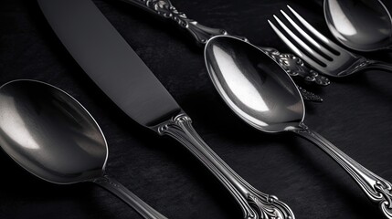 Silver cutlery on a dark grey background. Top view Generative AI