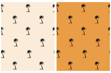 Minimalist Modern Palm Trees Seamless Vector Pattern. Simple Tropical Forest Design for Textile, Wrapping Paper. Simple Jungle Print with Hand Drawn Palms on a Beige and Mustard Color Background.