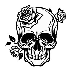 Skull With Rose Flower, Human skull vector, skull, isolated on white background, vector illustration.