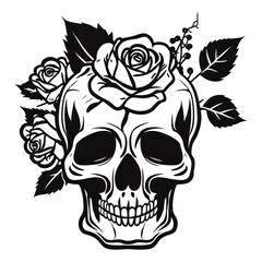 Skull With Rose Flower, Human skull vector, skull, isolated on white background, vector illustration.