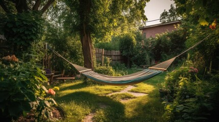 Summer garden with hanging hammock  for relaxation Generative AI