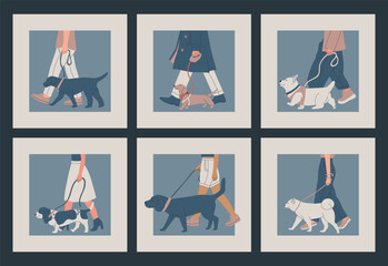 Dog Show or Competition. The man keeps the dog on a leash. Set of vector illustrations.