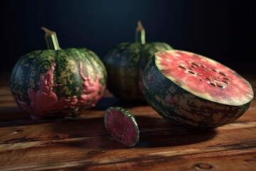 Rotten watermelons on a wooden table. Dim studio light. Generate AI.
