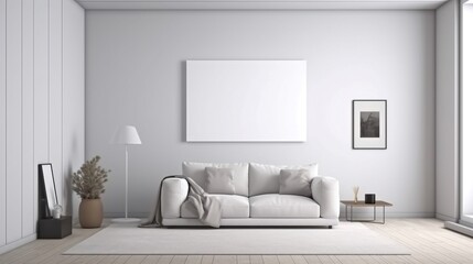 Interior of modern living room with white sofa and mock up poster on wall. 3D rendering