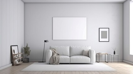 Interior of modern living room with white sofa and mock up poster on wall. 3D rendering