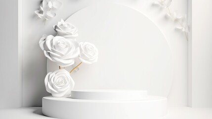 3d render, abstract minimal scene with white rose flowers, podium, pedestal or platform for product presentation.