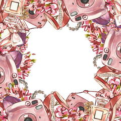 Seamless frame heeled shoe, perfume bottle, instant camera, flowers isolated on white. Watercolor handrawn illustration