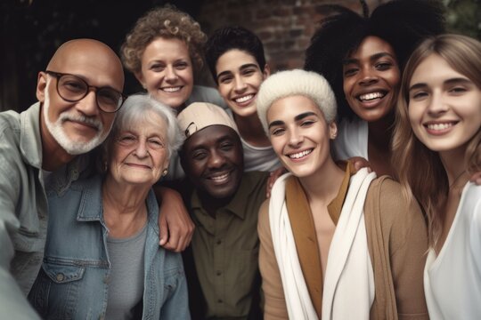 Group of multigenerational people smiling in front of camera, Multiracial friends od different ages having fun together caucasian senior faces,generative ai.