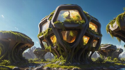 The Hive - Sci-fi futuristic brutalist architecture style building structure with honeycomb pattern and lush vegetation façade - Generative AI Illustration