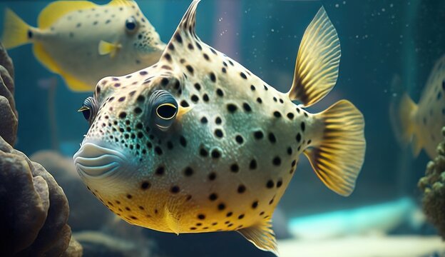 Saint Petersburg, Russia, aquarium with longhorn cowfish (Lactoria cornuta) Generative AI Generative AI