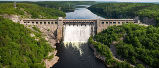 Aerial view of a massive hydroelectric dam, green energy surrounded by nature, generative ai