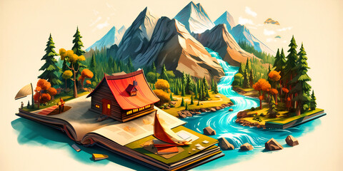 a book with a mountain scene and camp