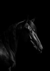 Fototapeta na wymiar Black and white low key fine art portrait of a horse, generative ai