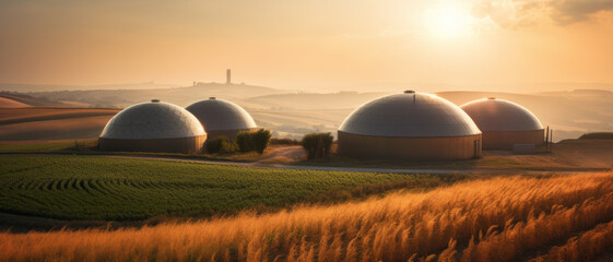 Biodigester facility with dome-shaped structures surrounded by farmland, generative ai