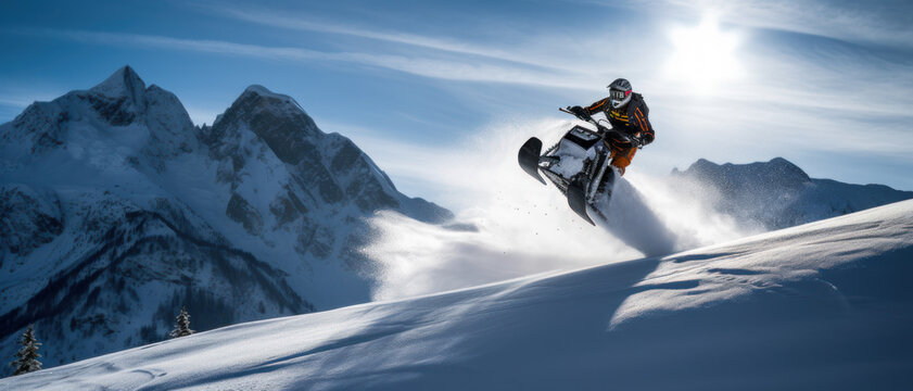 Snowmobile rider performing spectacular jump in beautiful snowy landscape, action sports, generative ai