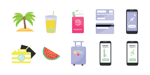 Set of items for travel isolated on a white background. Vector illustration in flat style