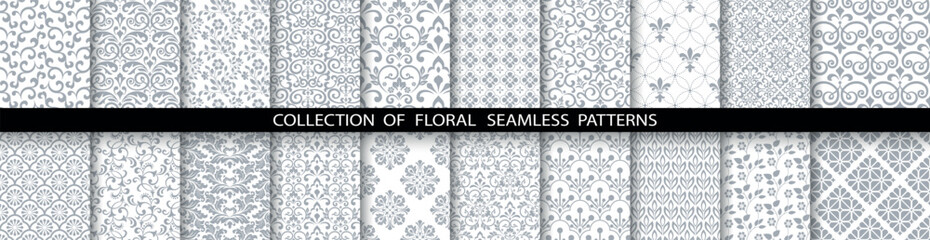 Geometric floral set of seamless patterns. White and gray vector backgrounds. Damask graphic ornaments
