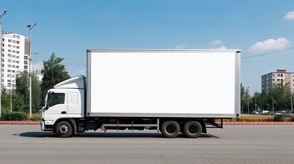 white truck with an blank trailer, with advertisement banner Generative AI