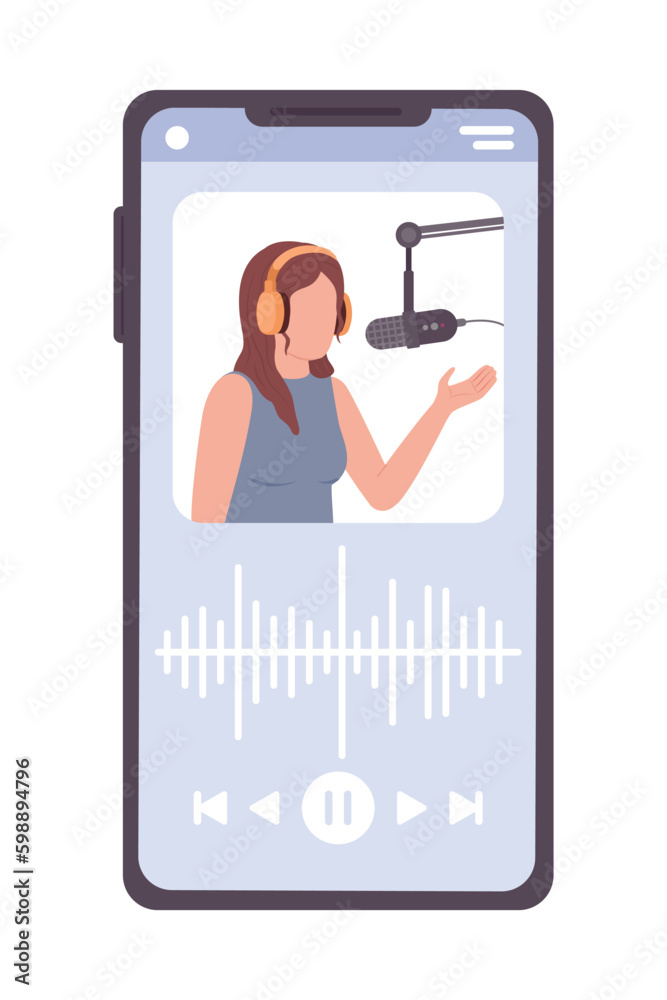 Fototapete Playing podcast episode on smartphone semi flat color vector device screen. Editable icon. Full sized element on white. Simple cartoon style spot illustration for web graphic design and animation
