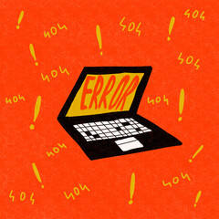Laptop on a red background, the inscription on the screen "error", the inscriptions on the background "404"
